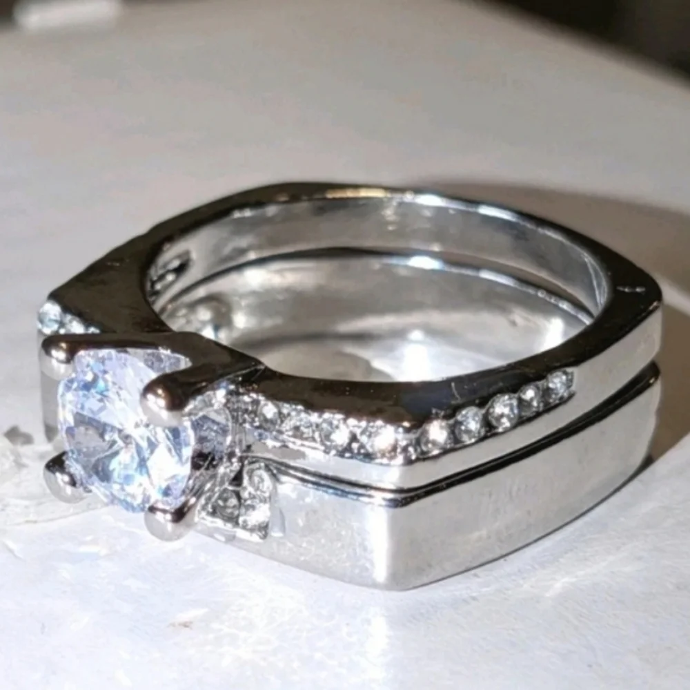 Mens Silver-Tone Clear Cubic zirconia Ring 2pc Set Sz 10